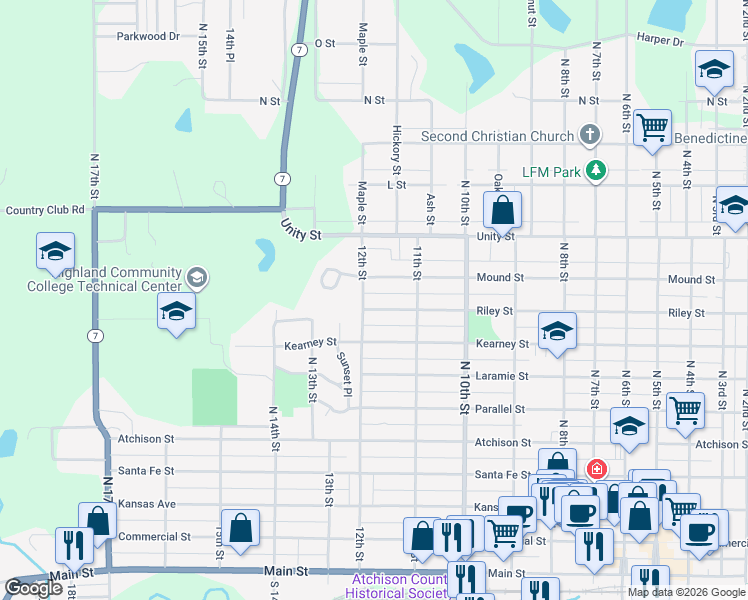 map of restaurants, bars, coffee shops, grocery stores, and more near 800-842 12th Street in Atchison