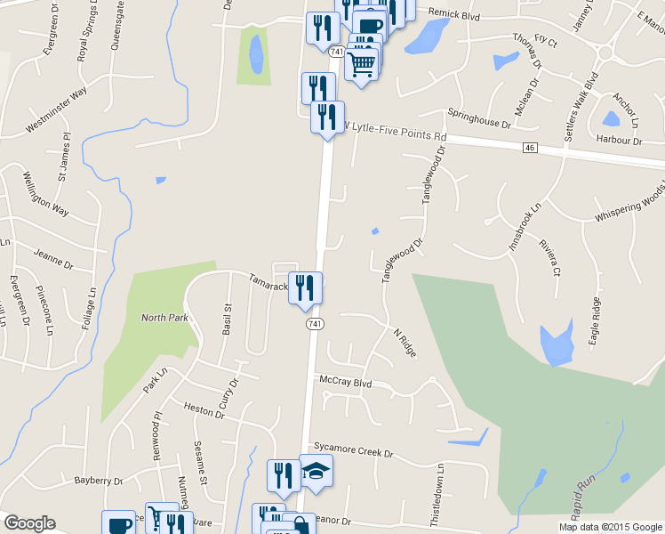 map of restaurants, bars, coffee shops, grocery stores, and more near 512 North Main Street in Springboro