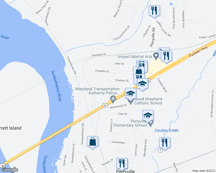 map of restaurants, bars, coffee shops, grocery stores, and more near 25 Richmond Drive in Perryville