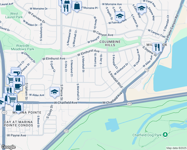 map of restaurants, bars, coffee shops, grocery stores, and more near 8091 South Lamar Street in Littleton
