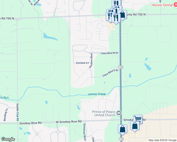 map of restaurants, bars, coffee shops, grocery stores, and more near 6455 Enclave Boulevard in Greenwood