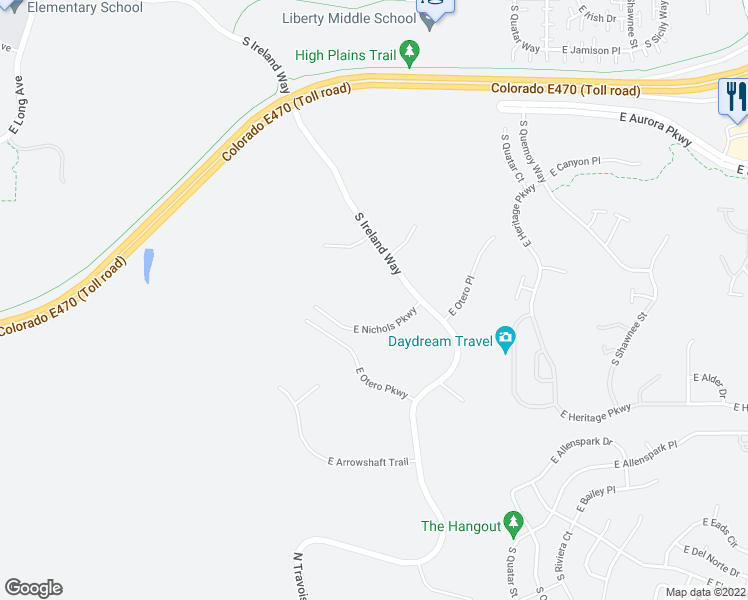 map of restaurants, bars, coffee shops, grocery stores, and more near 21271 East Nichols Parkway in Aurora