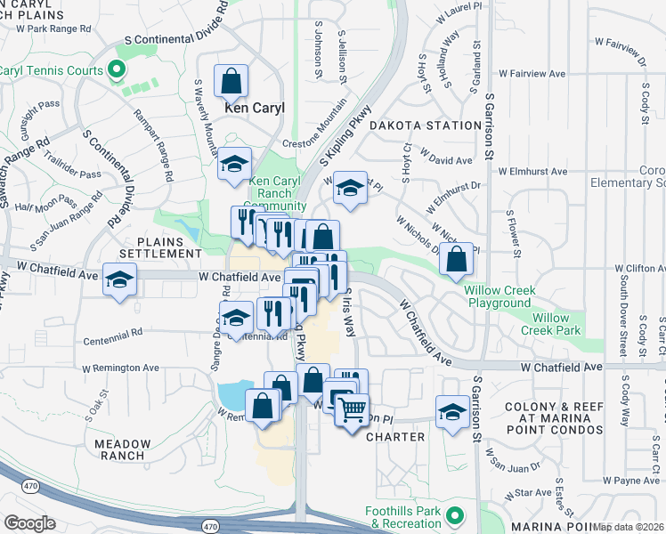 map of restaurants, bars, coffee shops, grocery stores, and more near 9883 West Chatfield Avenue in Littleton