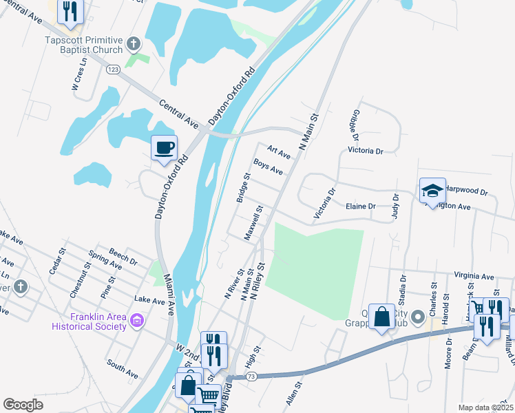 map of restaurants, bars, coffee shops, grocery stores, and more near 104 West Bryant Avenue in Franklin