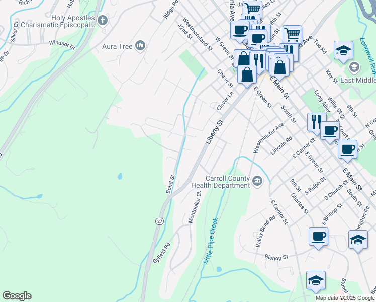 map of restaurants, bars, coffee shops, grocery stores, and more near 210 Adeline Drive in Westminster