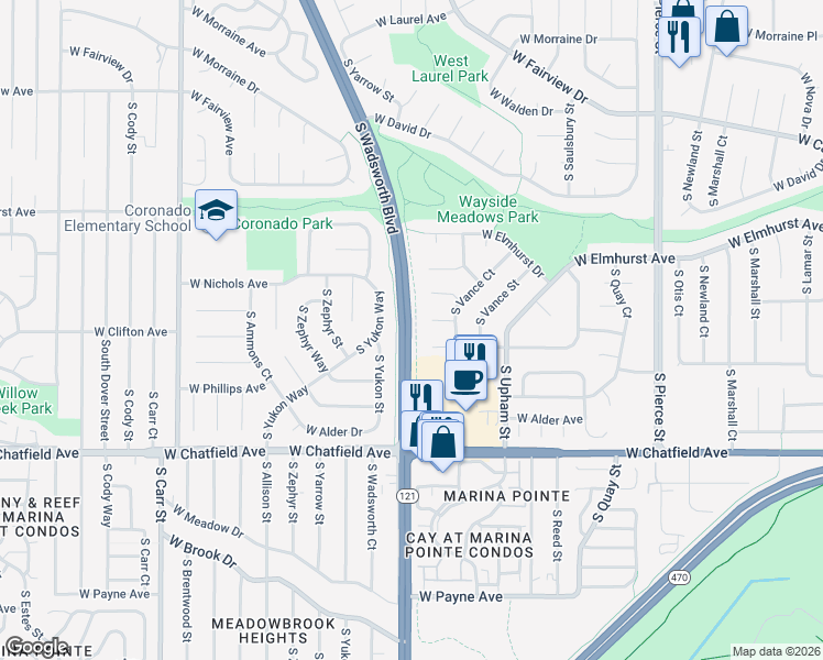 map of restaurants, bars, coffee shops, grocery stores, and more near 8146 South Wadsworth Boulevard in Littleton
