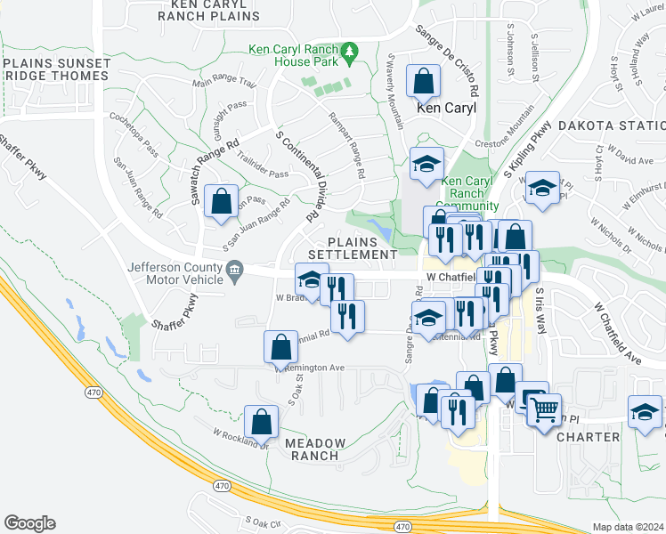 map of restaurants, bars, coffee shops, grocery stores, and more near 10614 West Park Mountain in Littleton