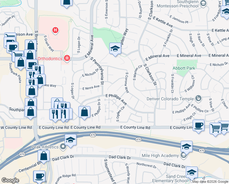 map of restaurants, bars, coffee shops, grocery stores, and more near 915 East Otero Avenue in Centennial