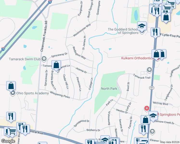 map of restaurants, bars, coffee shops, grocery stores, and more near 305 Foliage Lane in Springboro