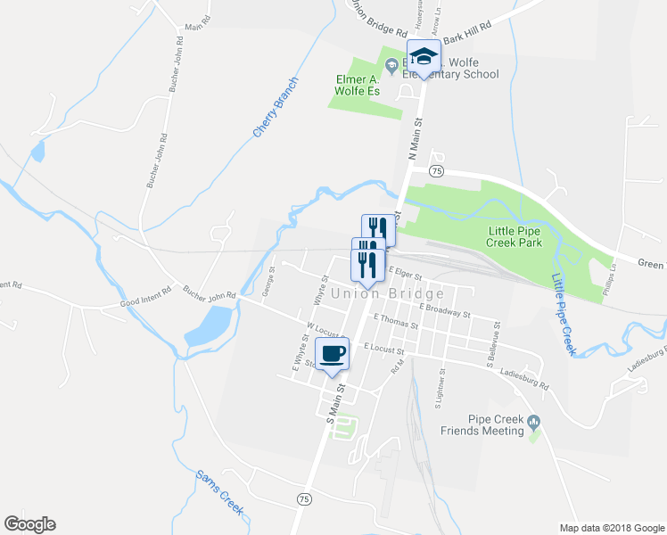 map of restaurants, bars, coffee shops, grocery stores, and more near 20 East Broadway Street in Union Bridge