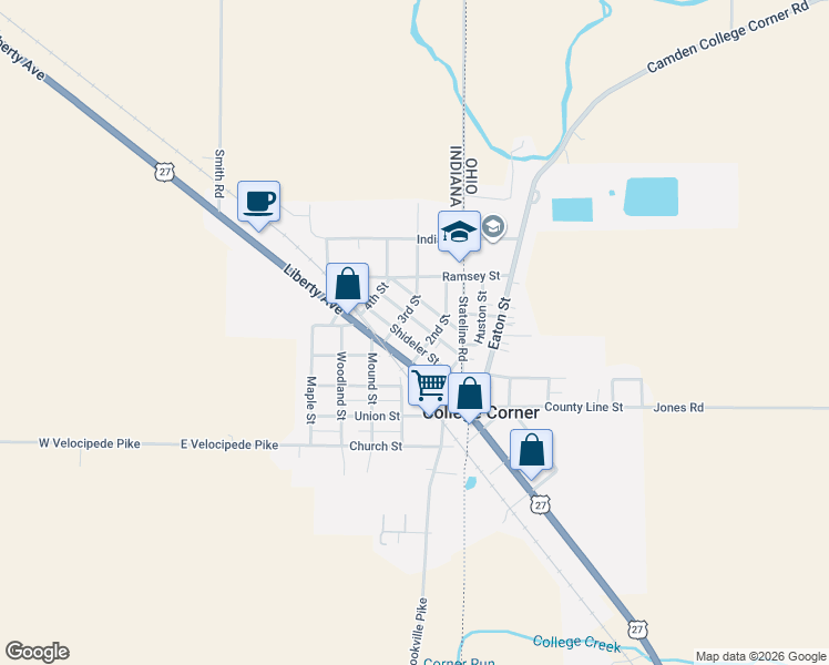 map of restaurants, bars, coffee shops, grocery stores, and more near 118 3rd Street in West College Corner