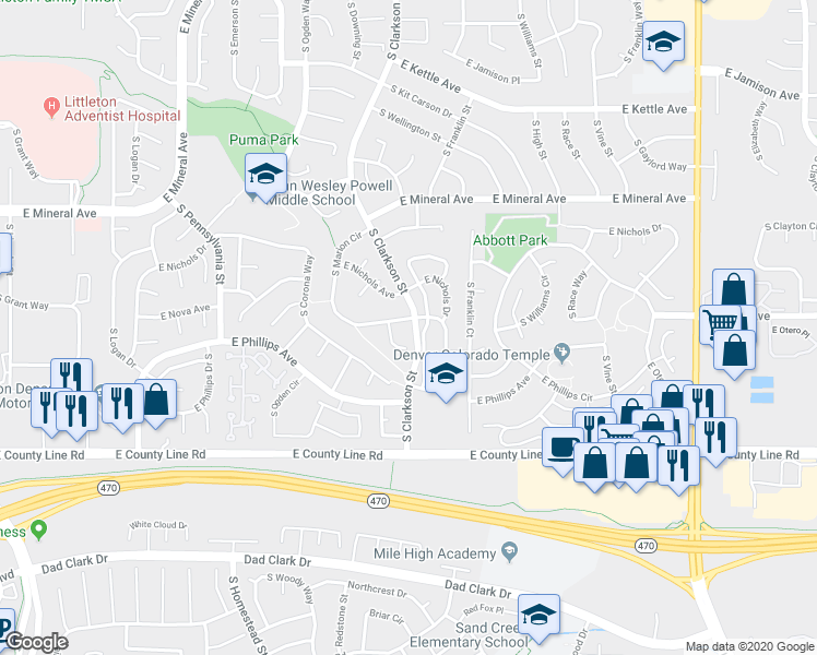 map of restaurants, bars, coffee shops, grocery stores, and more near 8189 South Marion Circle in Centennial