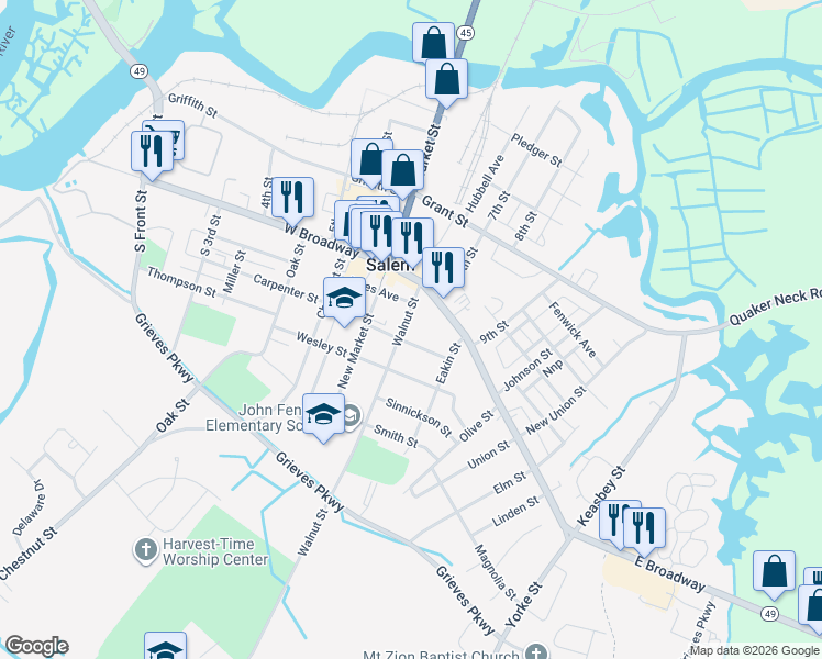 map of restaurants, bars, coffee shops, grocery stores, and more near 14 Walnut Street in Salem