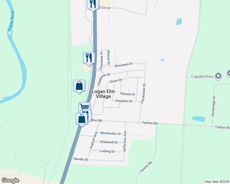map of restaurants, bars, coffee shops, grocery stores, and more near 1985 Ottawa Drive in Circleville