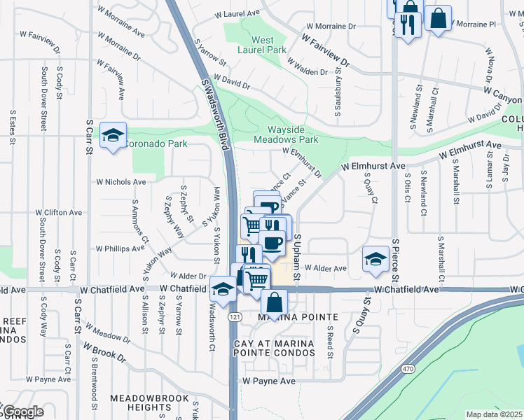 map of restaurants, bars, coffee shops, grocery stores, and more near 7454 West Otero Place in Littleton