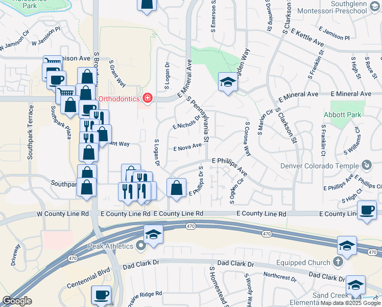 map of restaurants, bars, coffee shops, grocery stores, and more near 8166 S Logan Ct in Littleton