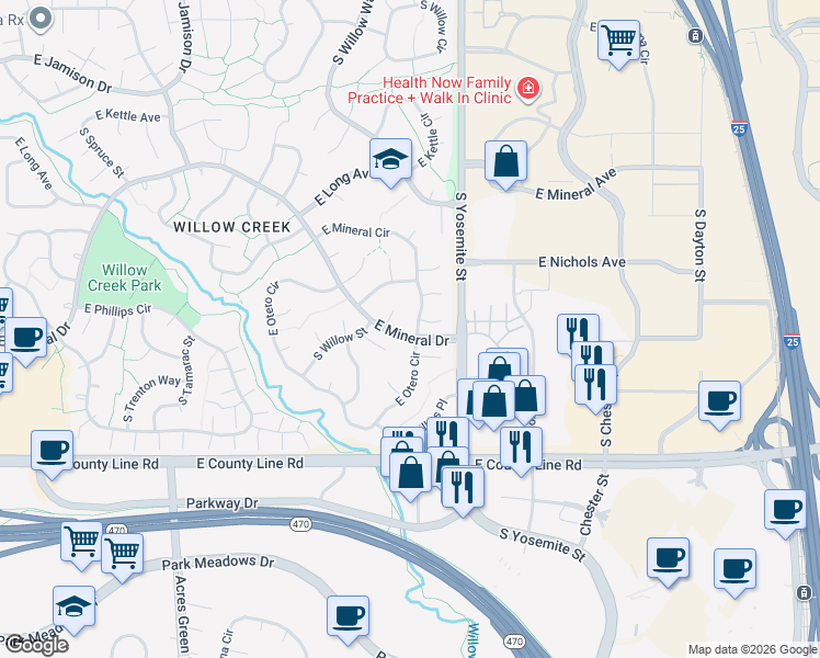 map of restaurants, bars, coffee shops, grocery stores, and more near 8702 East Mineral Circle in Centennial
