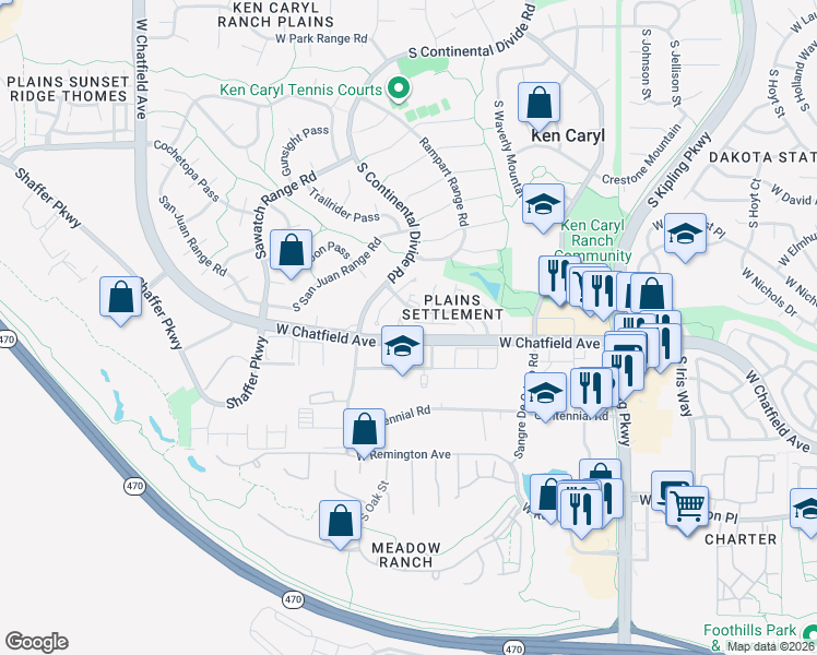 map of restaurants, bars, coffee shops, grocery stores, and more near 8076 South Vermejo Peak in Littleton