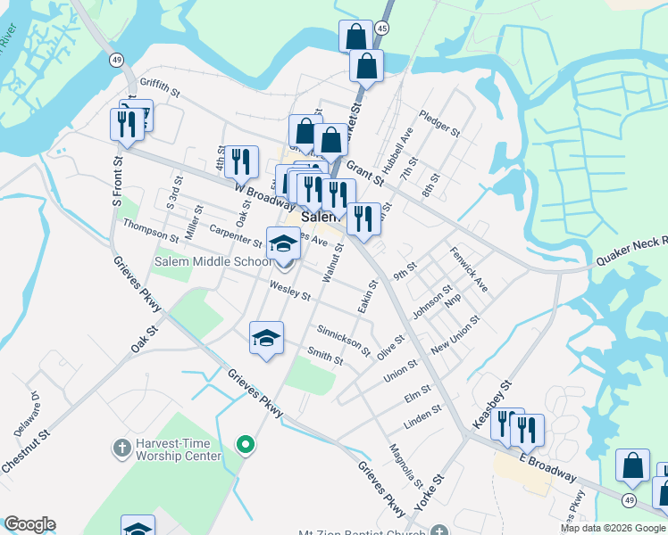 map of restaurants, bars, coffee shops, grocery stores, and more near 14 Walnut Street in Salem