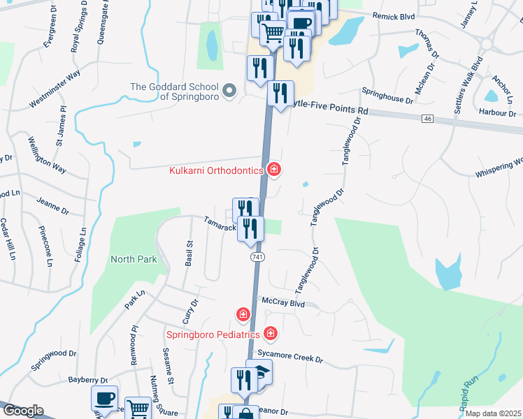 map of restaurants, bars, coffee shops, grocery stores, and more near 512 North Main Street in Springboro