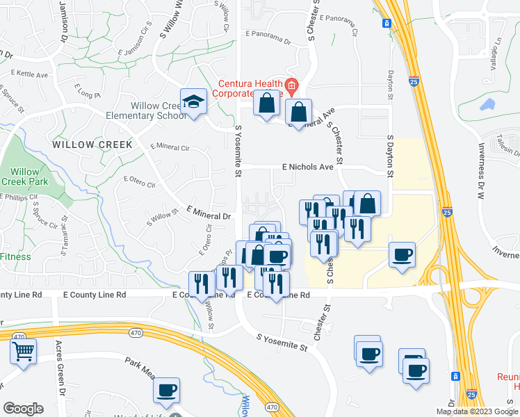 map of restaurants, bars, coffee shops, grocery stores, and more near 8984 East Nichols Place in Centennial