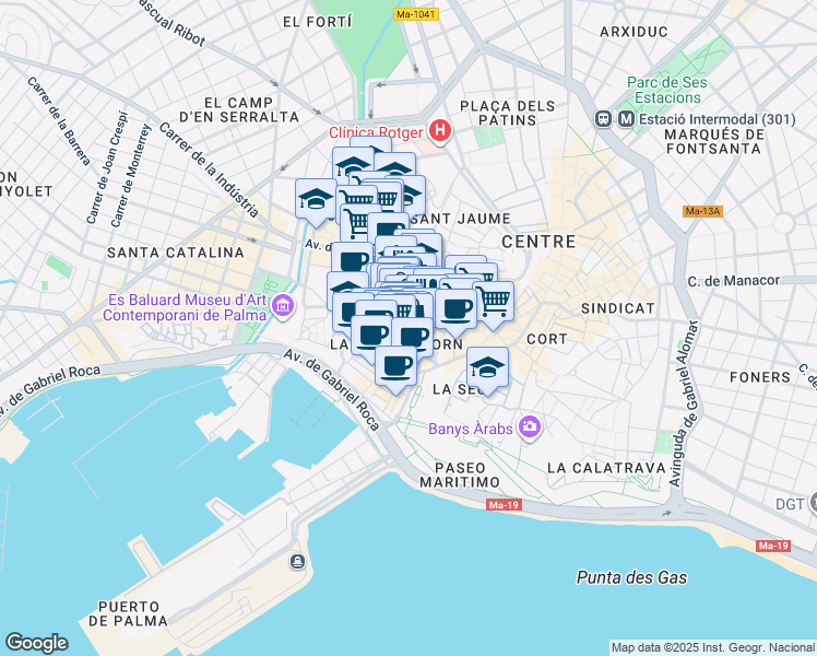map of restaurants, bars, coffee shops, grocery stores, and more near 1 Carrer de Sant Feliu in Palma