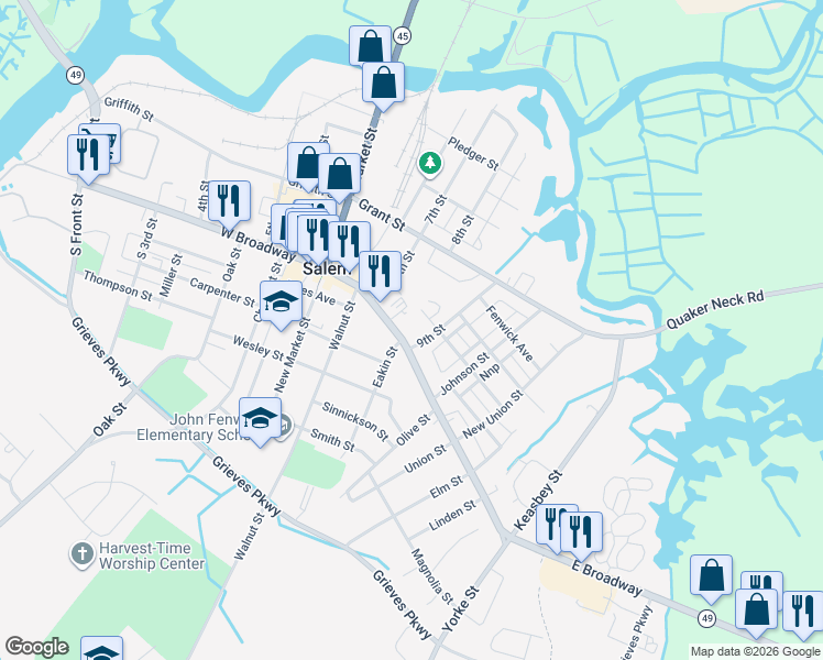 map of restaurants, bars, coffee shops, grocery stores, and more near 258 East Broadway in Salem