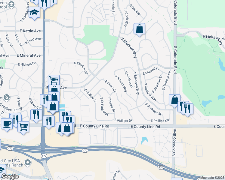 map of restaurants, bars, coffee shops, grocery stores, and more near 3138 East Otero Circle in Centennial