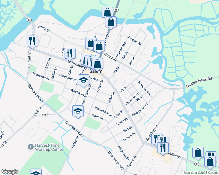 map of restaurants, bars, coffee shops, grocery stores, and more near 251 East Broadway in Salem