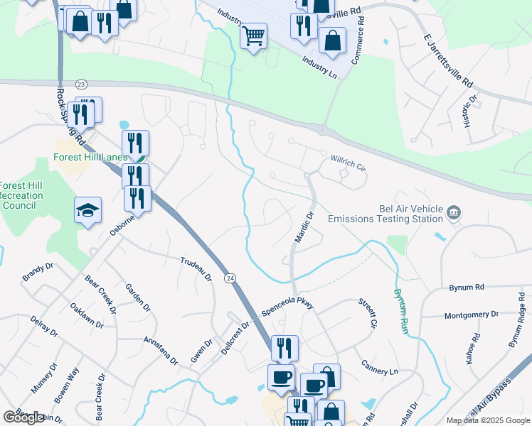 map of restaurants, bars, coffee shops, grocery stores, and more near 103 Loretta Way in Forest Hill