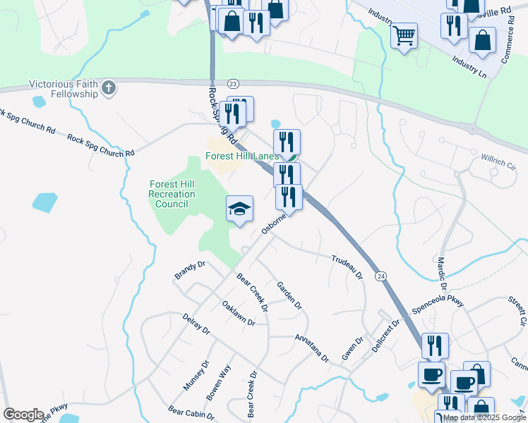 map of restaurants, bars, coffee shops, grocery stores, and more near 50 Osborne Parkway in Bel Air North