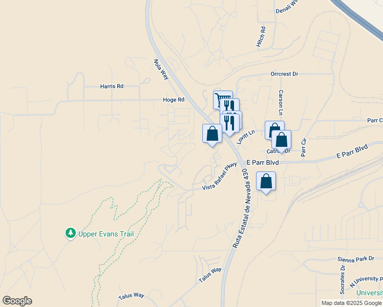 map of restaurants, bars, coffee shops, grocery stores, and more near 4920 Ciarra Kennedy Ln in Reno