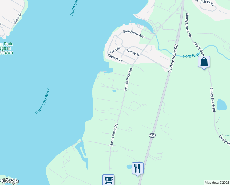 map of restaurants, bars, coffee shops, grocery stores, and more near 705 Hance Point Road in North East