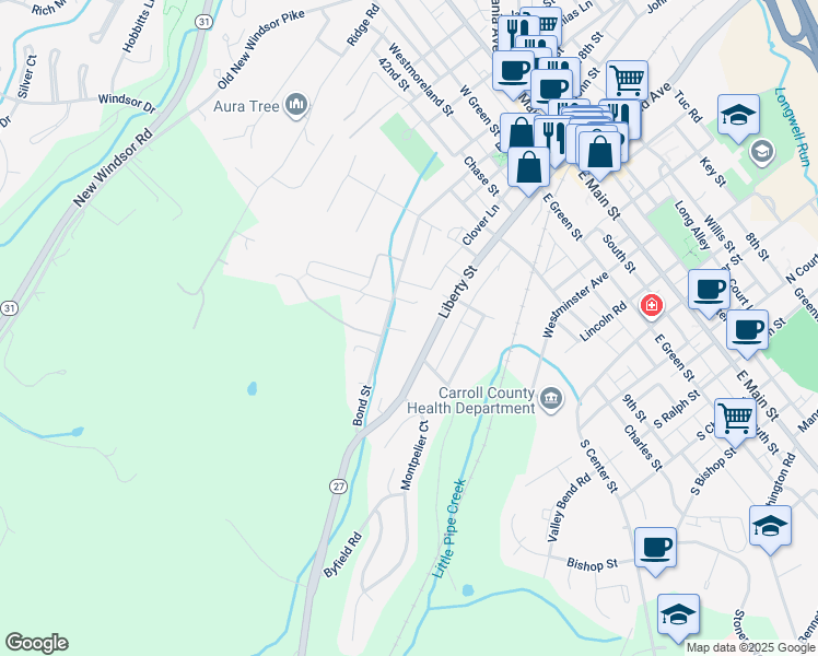 map of restaurants, bars, coffee shops, grocery stores, and more near 198 Adeline Drive in Westminster