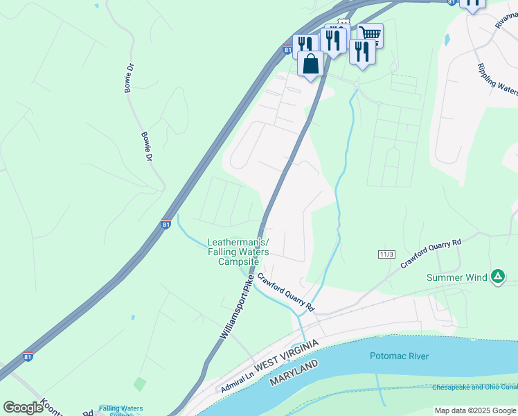 map of restaurants, bars, coffee shops, grocery stores, and more near 7825 Williamsport Pike in Falling Waters