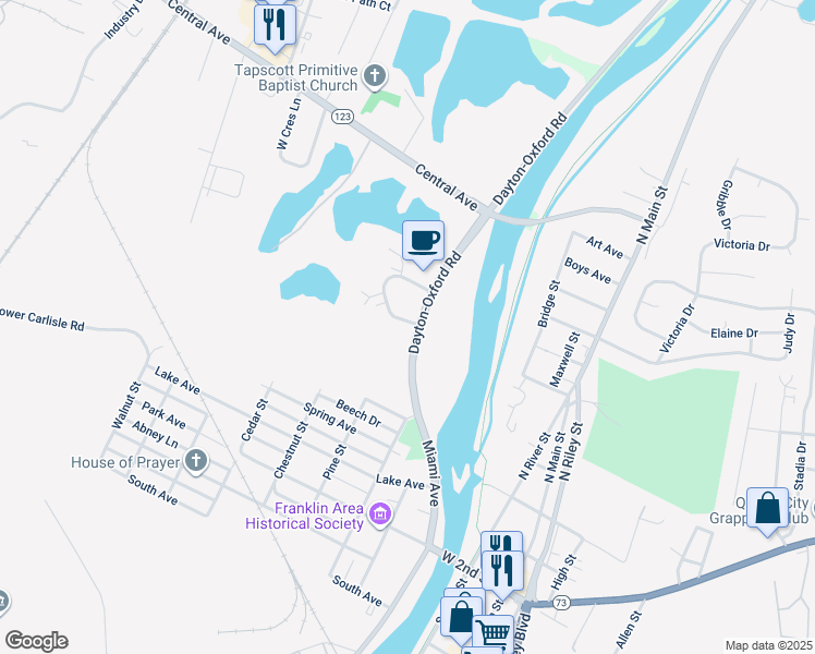map of restaurants, bars, coffee shops, grocery stores, and more near 803 Dayton-Oxford Road in Carlisle