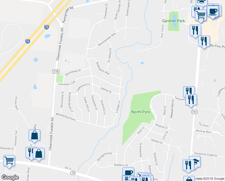 map of restaurants, bars, coffee shops, grocery stores, and more near 170 Jeanne Drive in Springboro