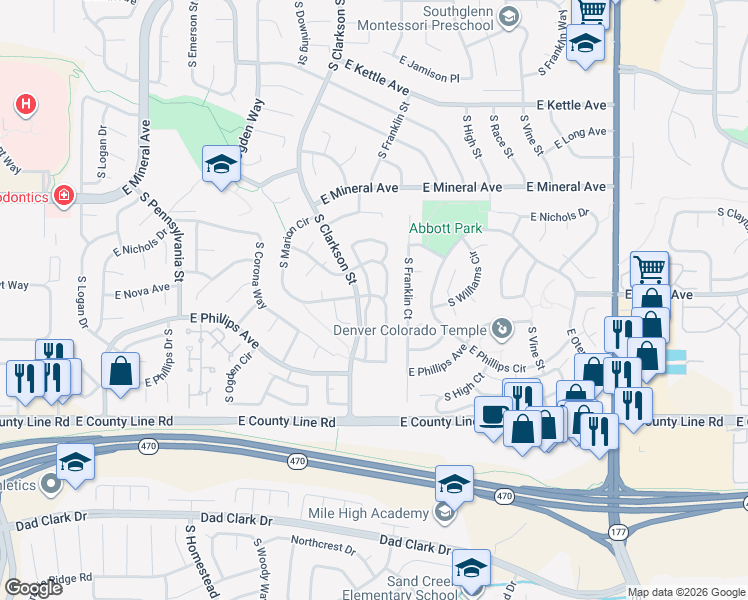 map of restaurants, bars, coffee shops, grocery stores, and more near 8189 South Marion Circle in Centennial