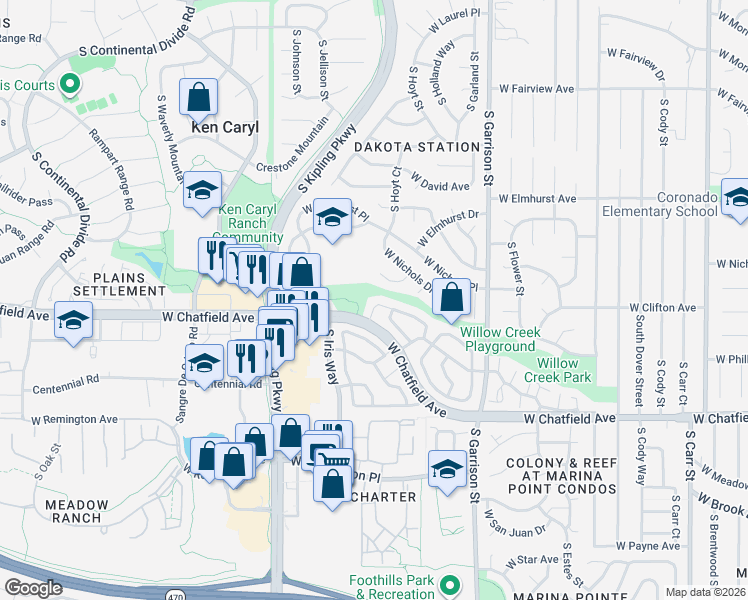 map of restaurants, bars, coffee shops, grocery stores, and more near 9695 West Chatfield Avenue in Littleton