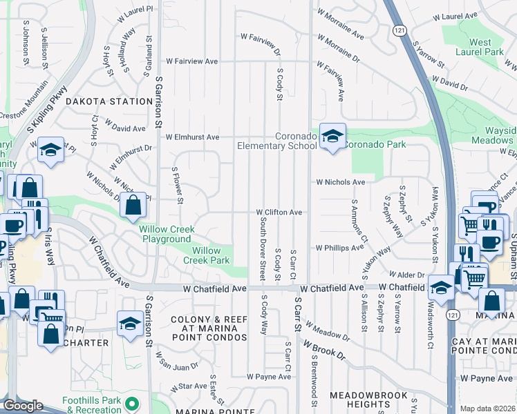 map of restaurants, bars, coffee shops, grocery stores, and more near 8097 South Dover Street in Littleton