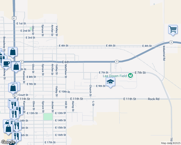 map of restaurants, bars, coffee shops, grocery stores, and more near 700 Church Street in Concordia