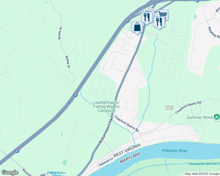 map of restaurants, bars, coffee shops, grocery stores, and more near 53 Cranston Court in Falling Waters