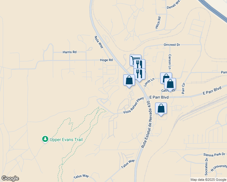 map of restaurants, bars, coffee shops, grocery stores, and more near 4885 Ciarra Kennedy Lane in Reno
