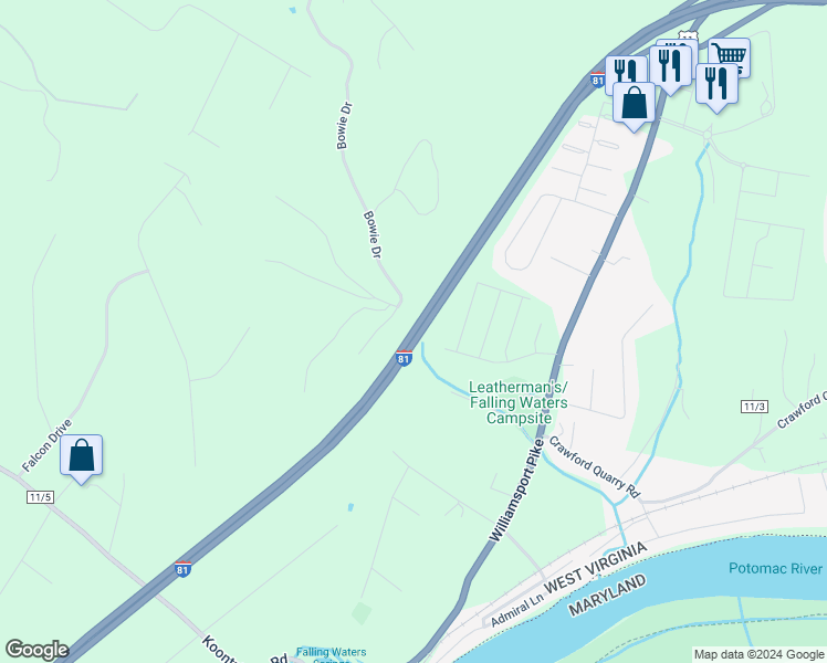 map of restaurants, bars, coffee shops, grocery stores, and more near Interstate 81 in Falling Waters