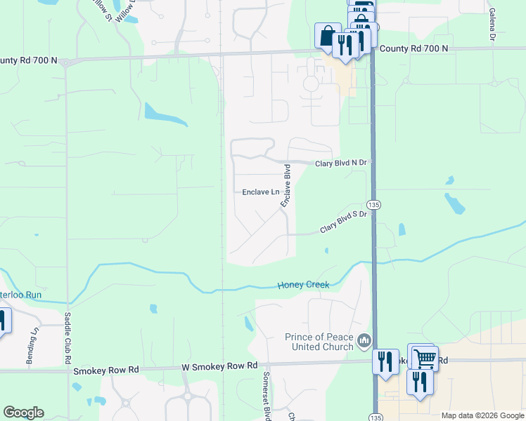 map of restaurants, bars, coffee shops, grocery stores, and more near 6498 Enclave Court in Greenwood
