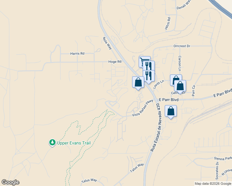 map of restaurants, bars, coffee shops, grocery stores, and more near 595 Logan Jacob Lane in Reno
