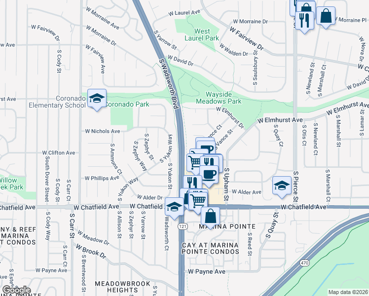 map of restaurants, bars, coffee shops, grocery stores, and more near 8146 South Wadsworth Boulevard in Littleton