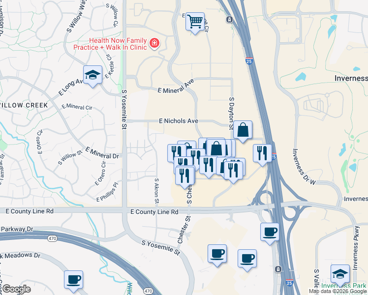 map of restaurants, bars, coffee shops, grocery stores, and more near 8085 South Chester Street in Centennial