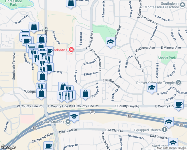 map of restaurants, bars, coffee shops, grocery stores, and more near 8166 South Logan Court in Littleton