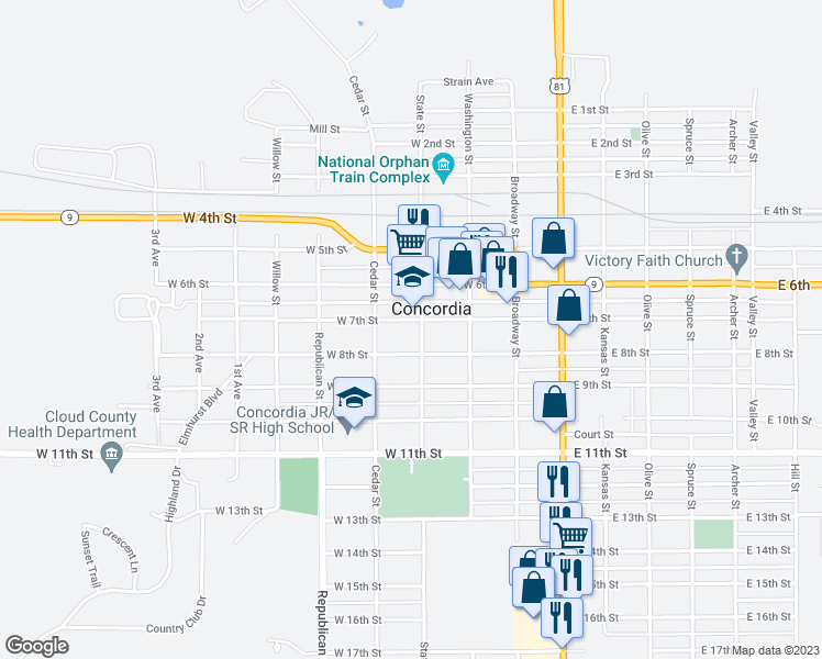 map of restaurants, bars, coffee shops, grocery stores, and more near 304 West 7th Street in Concordia